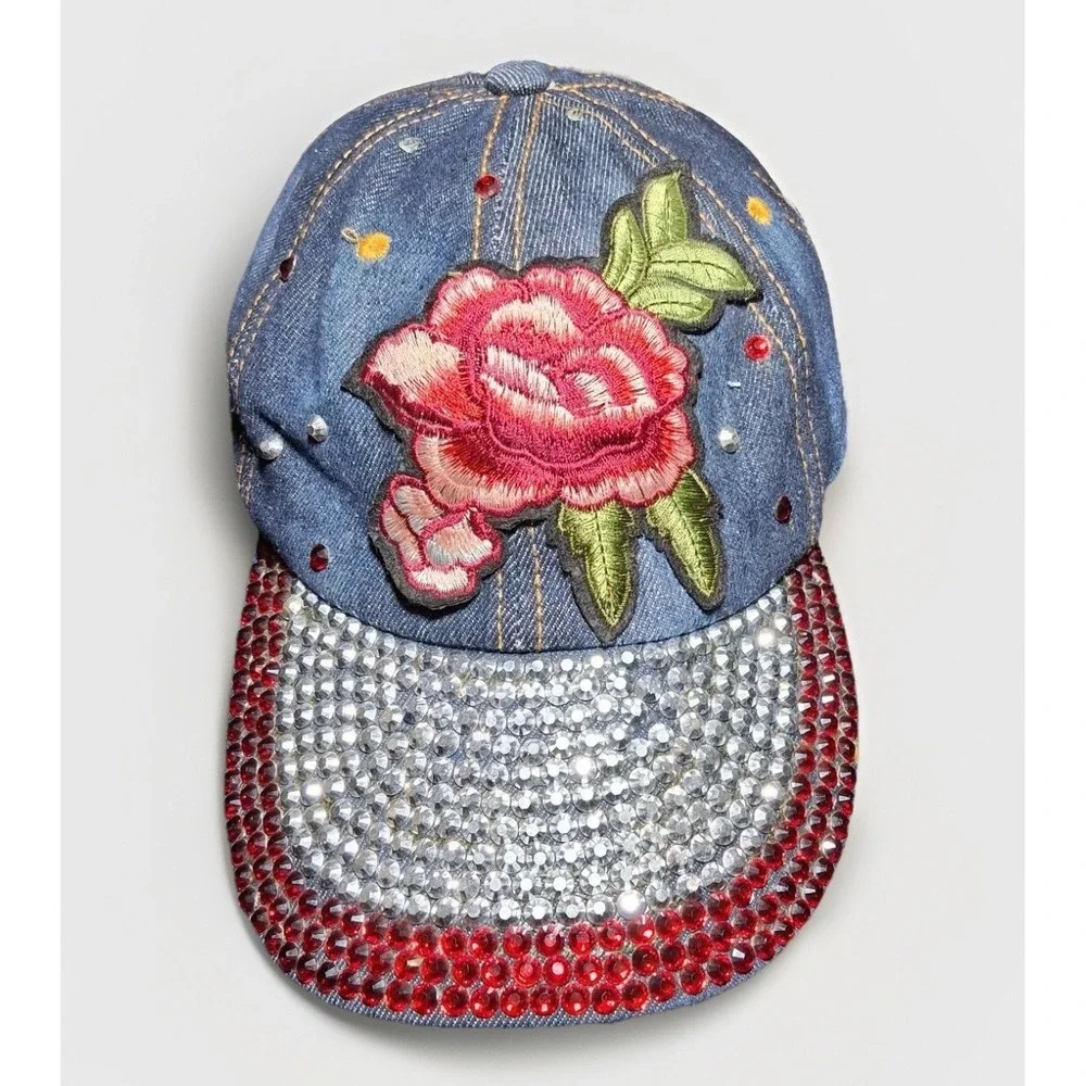 Floral Embroidered Denim Baseball Cap Rhinestone Bling Rose Blue Red Hat